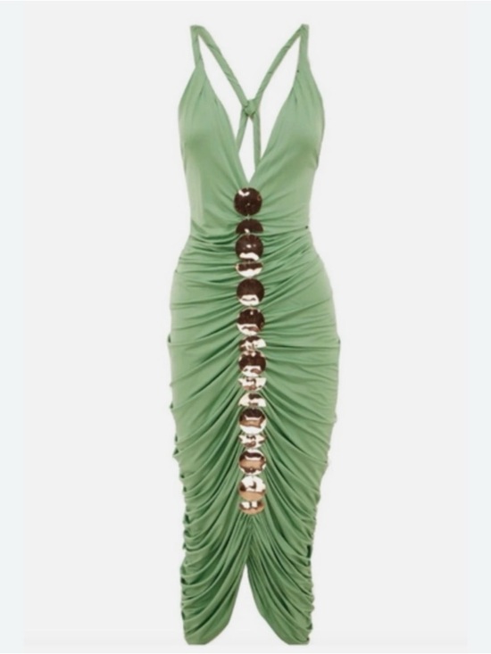 cult gaia Dresses & Skirts - Cult Gaia Jalina Ruched Gold Detail Bodycon Green Midi Dress Size Small FLAW